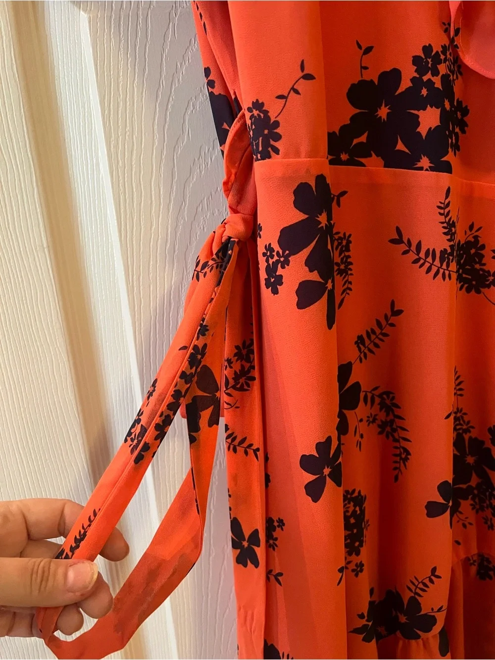 Michael Kor’s Coral Red Floral Ruffle Wrap Dress- Size Medium